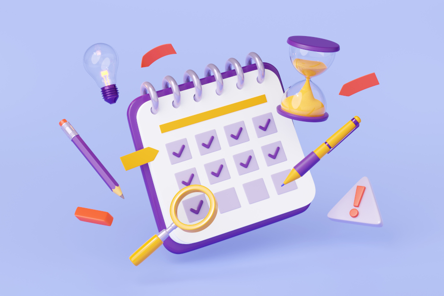 3d render calendar data checklist with pencil, hourglass, magnifier, light bulb and stationery fly around. Week and month planning events, deadlines and agenda, Illustration in cartoon plastic style